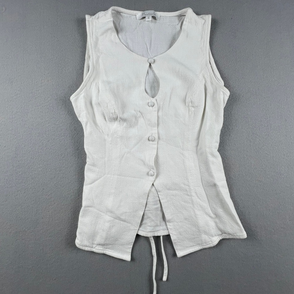 Button Front Vest Top Womens 6 White Keyhole Tie Back Textured Summer Boho